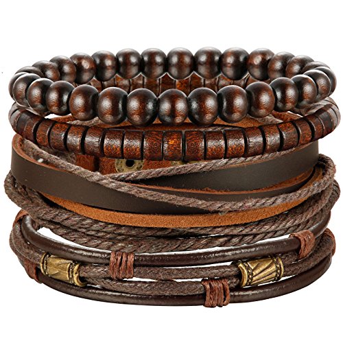 4Pcs Braided Leather Bracelet Cuff Bead Bracelet Set -Unisex