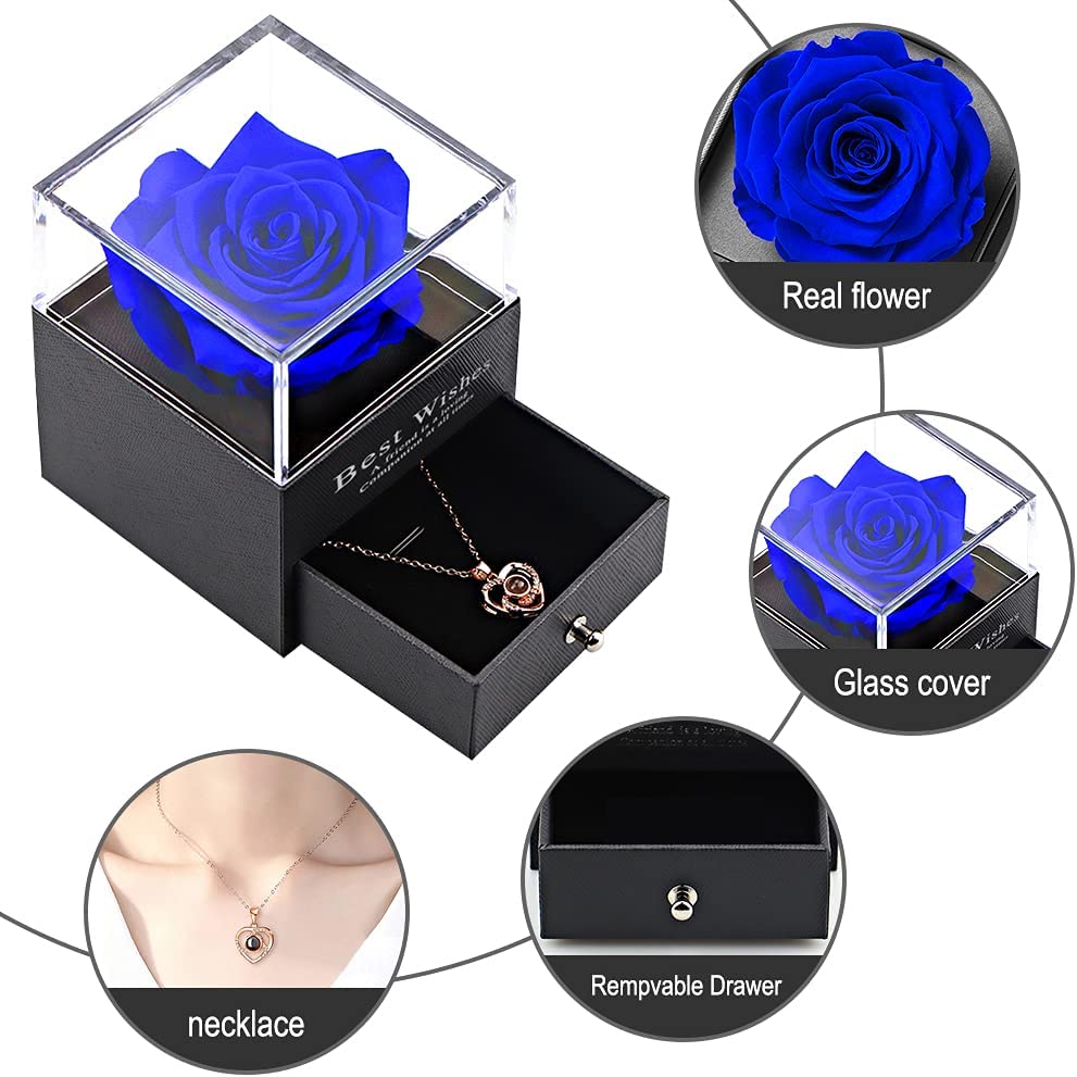 Preserved Flower Rose Gift Pack w/ 100 Languages I Love You Necklace Gift, Blue Rose