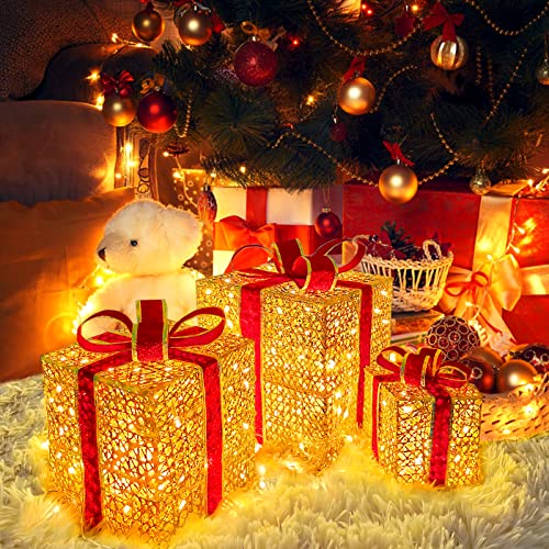 Christmas Lighted Gift Boxes, BOIROS 60 LED Light Up Christmas Packages Set of 3 Metal Present Box Decoration 2