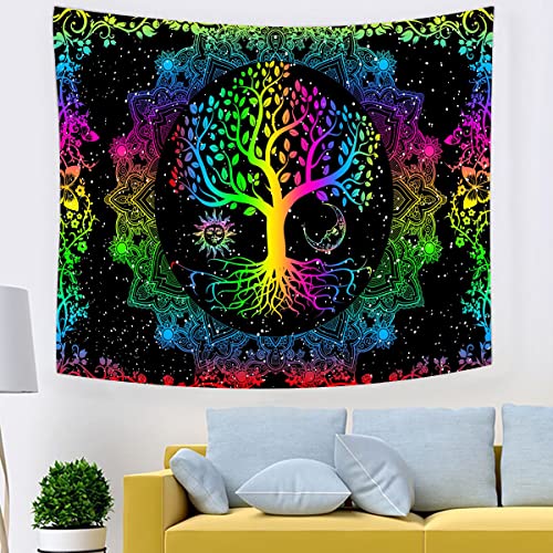 Psychedelic Tree of Life Mysterious Sun and Moon Mandala Colorful Hippie Boho Tapestry