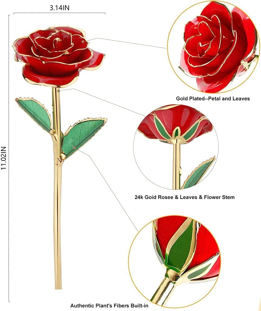 Gold Rose 24K Plated Gold Dipped Rose, Forever Preserved Red Rose w/ Stand