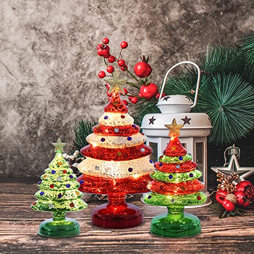 3 pcs Sparkling Mini Colorful Glass Christmas Tree w/ LED Lights & Timer