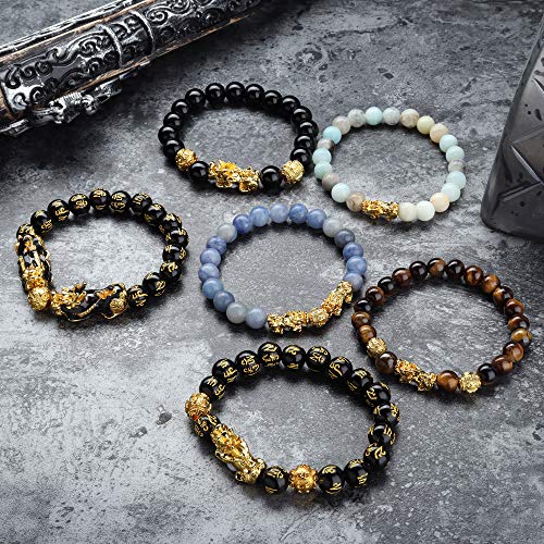 SET OF 6 FENG SHUI PIXIU NATURAL STONE TIGER EYE BEAD PI YAO CHINESE DRAGON CHARM BRACELETS