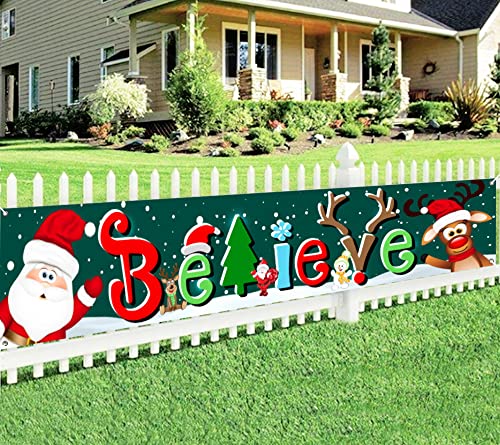 Believe Christmas Banner w/ Santa Claus and Snowman