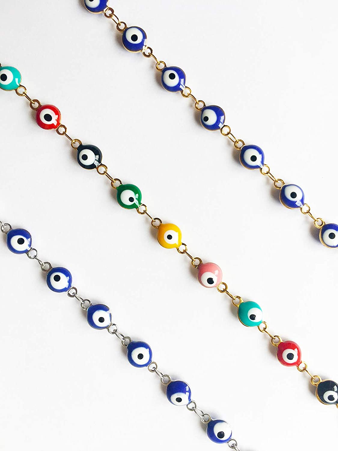 3 Pcs Evil Eye Bracelets for Women Men Girls 18K Gold Plated Stainless Steel Colorful