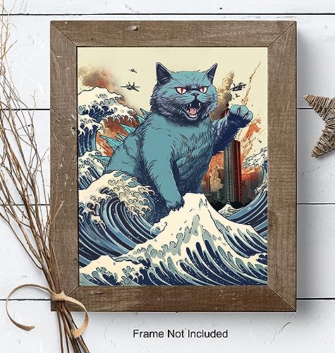 Vintage Funny Cat Wall  Catzilla Japanese  The Great Wave off Kanagawa  Cute Cat Stuff  Cat Wall