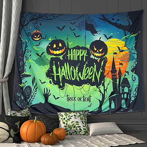 Halloween Blacklight Wall Tapestry Haunted Woods with Grave and Pumpkins, UV Reactive Wall Blanket