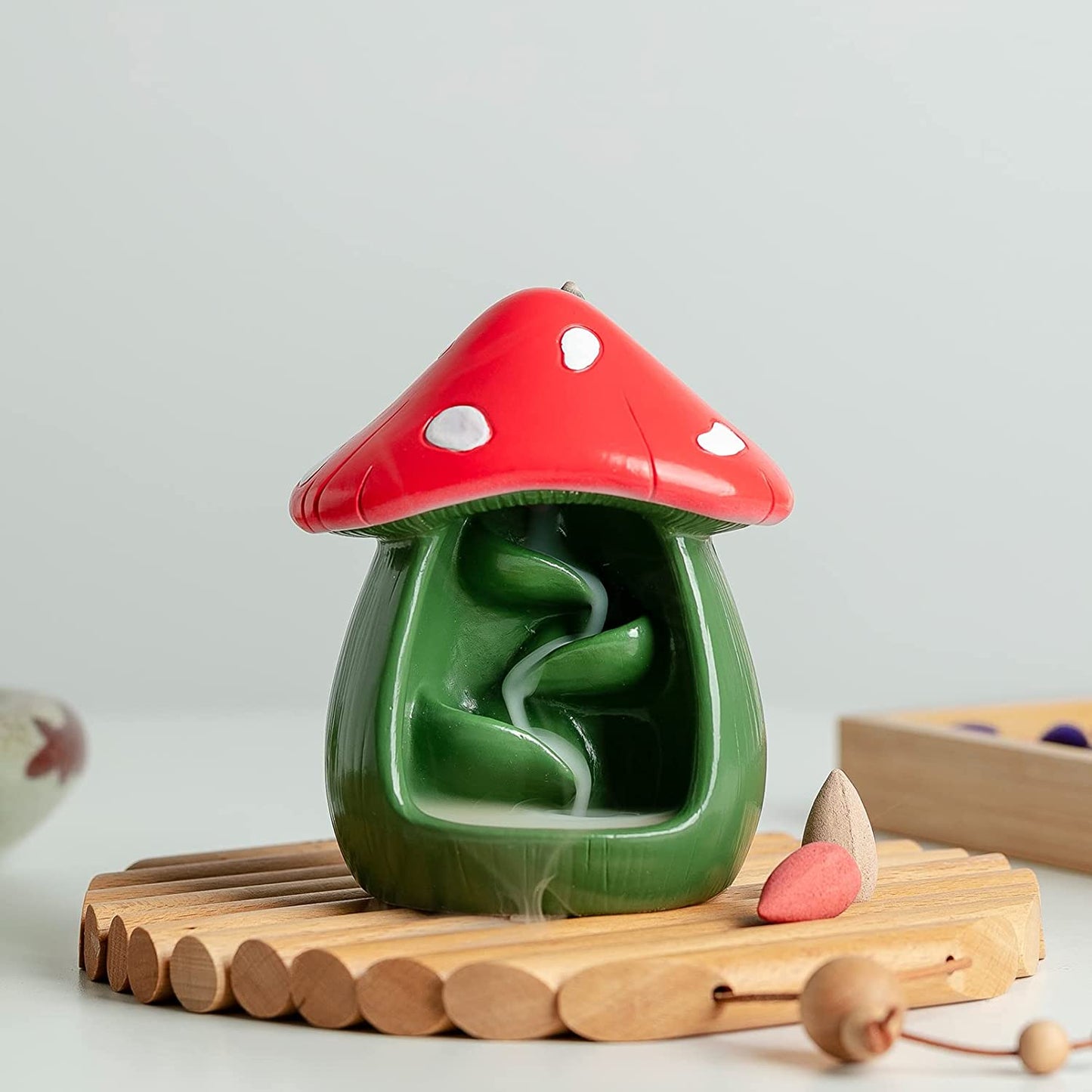 Cute Mushroom Incense Holder with 60 Incense Cones- Green