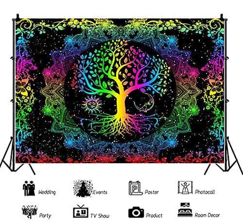 Psychedelic Tree of Life Mysterious Sun and Moon Mandala Colorful Hippie Boho Tapestry