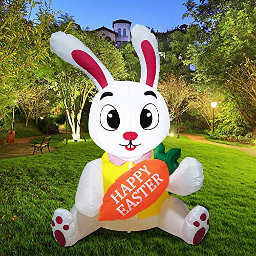 5 FT Cute Bunny Holding Carrots Easter Inflatable Decorations w/ Built-in LED