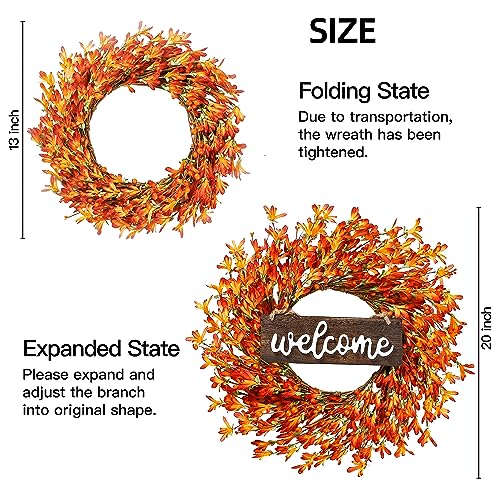 20’’ Autumn Front Door Harvest Wreath w/ Forsythia Flowers Orange Berries Welcome Sign for Thanksgiving Fall Decor