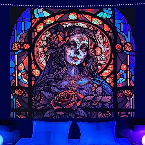 Blacklight Tapestry Sugar Skull  Halloween  UV Reactive Trippy Neon Tapestries Glow in the Dark Party Backdrop,