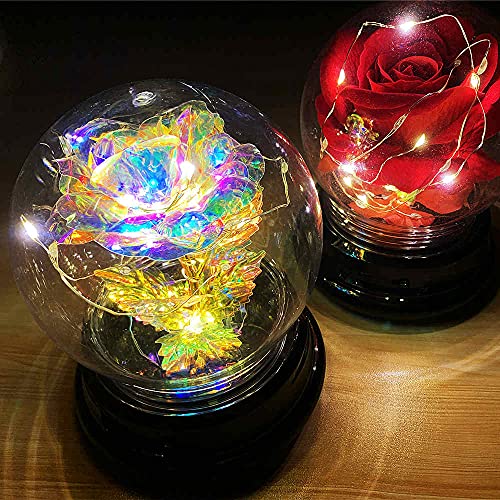 Galaxy Rose Flowers Forever Enchanted with Colorful LED Light in Glass Dome for Romantic Gifts