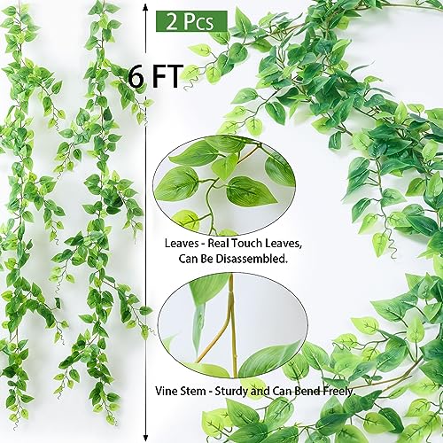 2 Strands Artificial Vines Scindapsus Garland 6FT Real Touch Fake Vine with Silk Green Leaves Faux Hanging Plants