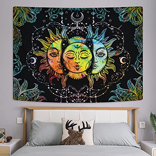 Psychedelic Sun and Moon Burning Sun Black Colorful Moon and Stars Tapestry ( 51.2 × 59.1 inches)