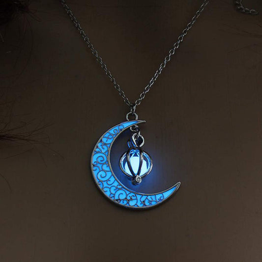 Glow in The Dark Silver Crescent Moon and Orb Necklace - Charm (sky blue)