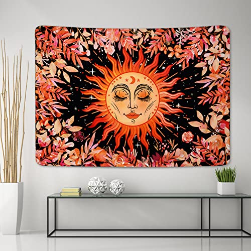 Psychedelic Burning Sun & Plant Leaves Mystical Moon Stars Colorful Mandala Tapestry