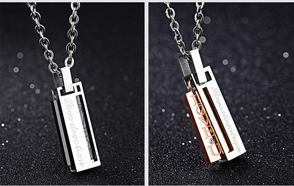 Couples Necklace w/ Rectangle Titanium Stainless Steel Pendant (Love Devotion) Lover's 1 Pair