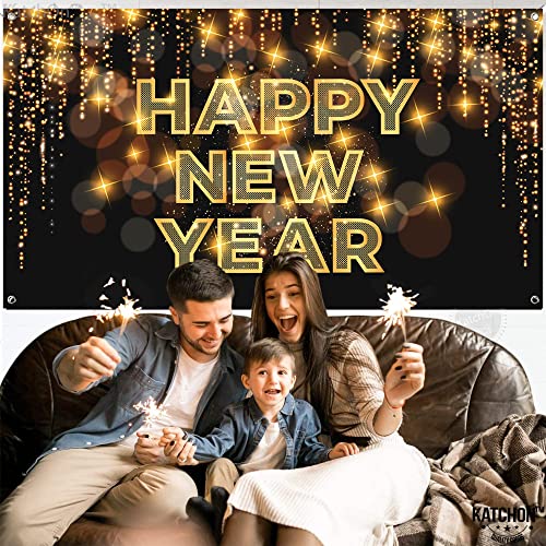 Xtra Large Happy New Year Banner - Black, 72 x 44 Inch | 2022 New Year Photo Backdrop