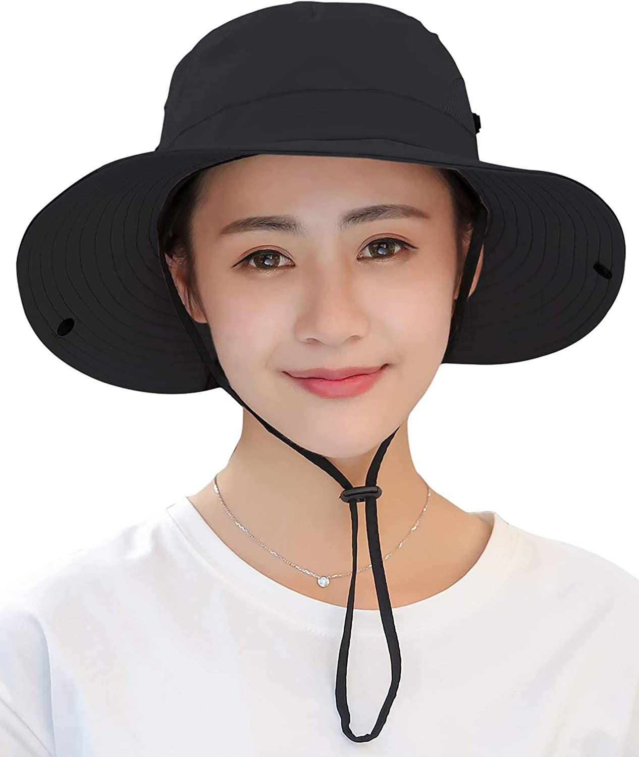 Womens Summer Sun-Hat Outdoor UV Protection Fishing Hat Wide Brim Foldable-Beach-Bucket-Hat w/ Ponytail Hole