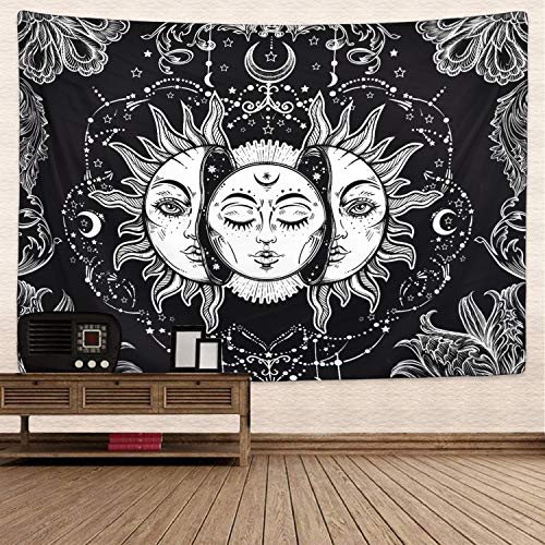 Sun and Moon Burning Sun with Star Psychedelic Black and White Mystic Tapestry