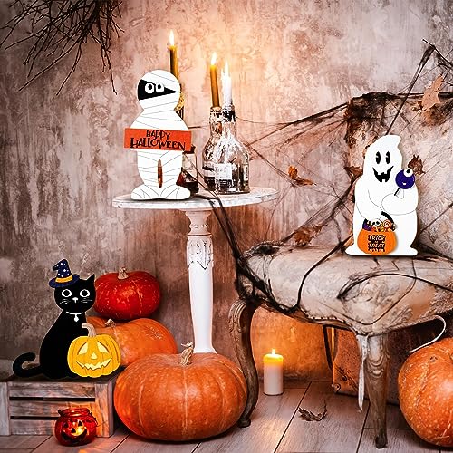 Halloween Decorations Indoor for Home Wood Signs Ghost Black Cat Mummy Table Centerpiece