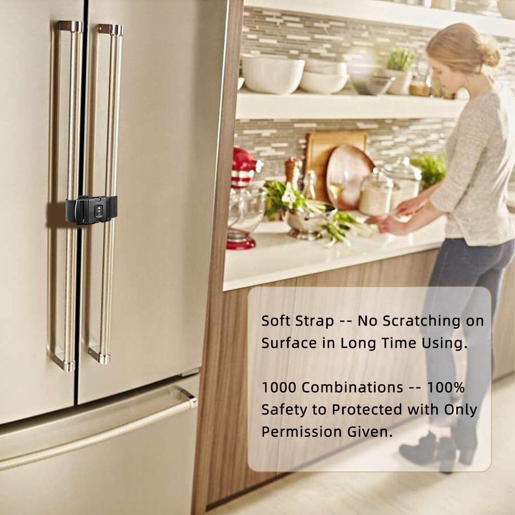 Fridge Freezer Refrigerator Cabinet Lock Latch, (2 Packs) Adjustable French Door Guard for Toddlers Children -No Drill No Screw No Adhesive (2 Packs Black)