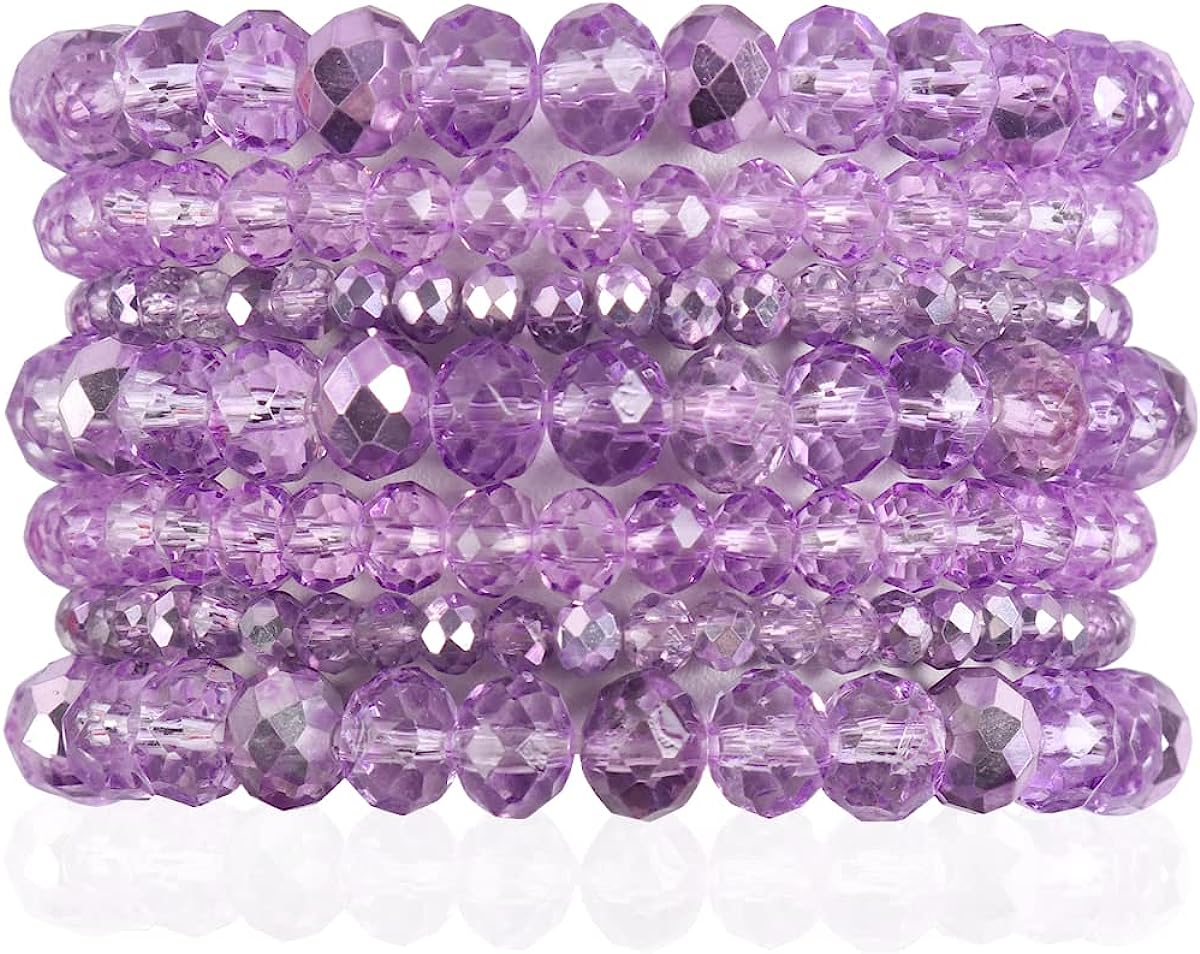 7 Layer Sparkly Beads - Purple Bohemian Multi-Layer Beaded Stacking Statement Bracelets - Versatile Stretch Strand