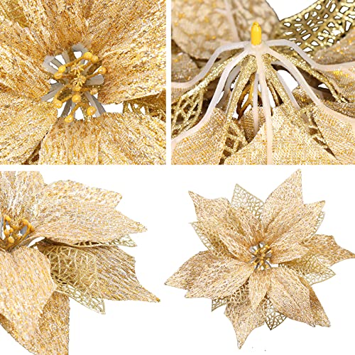 12Pcs Poinsettia Flowers Glitter Christmas Ornaments