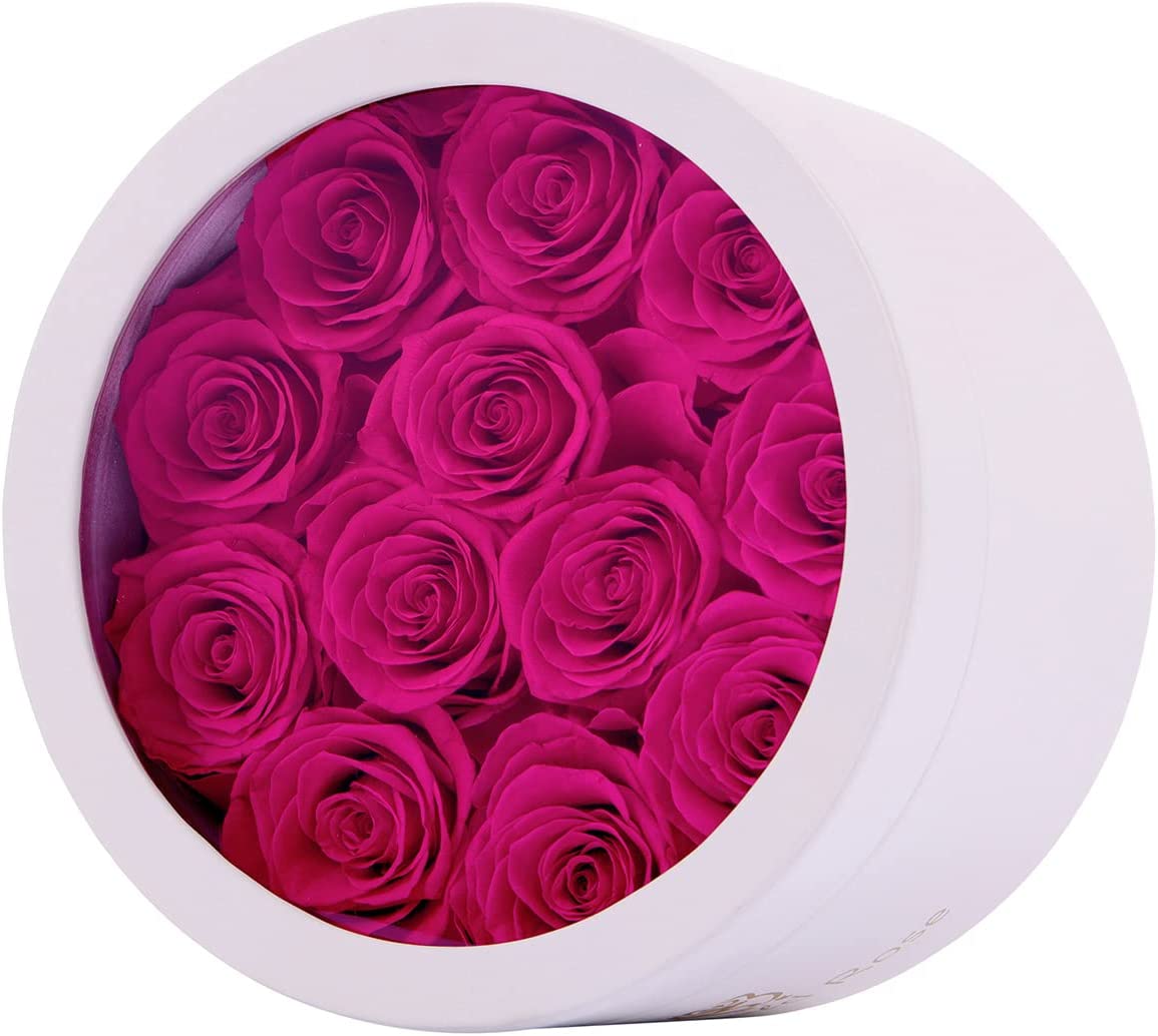 Eternal Rose in a Box Real Rose Without Fragrance Gift for Her (12 Hot Pink Roses, Round White PU Leather Box)