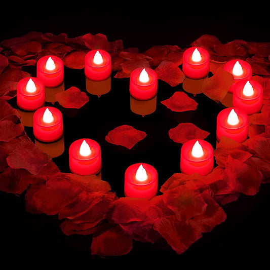 600 Pieces Valentine's Day Artificial Rose Petals w/ 12 Pieces LED Tea Lights Candle (Red Light)