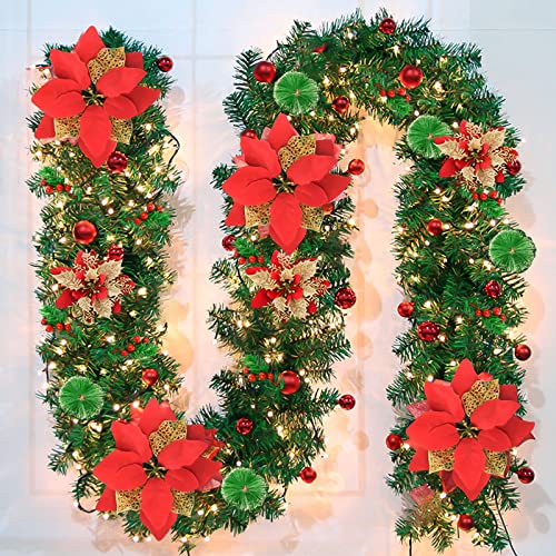 Artificial Christmas Garland, Green Rattan with Red Flower Decorations and Battery Operated LED Lights