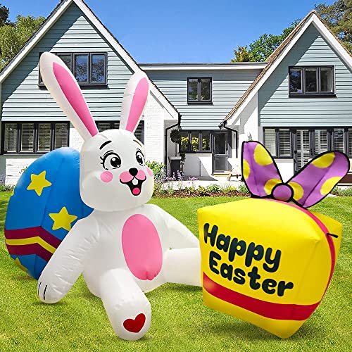 6FT Easter Inflatable Decoration Bunny w/ Egg & Candy Bo w/, Build-in LED Lights