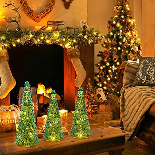 3 pcs Sparkling Glass Christmas Tree w/ LED Lights & Timer