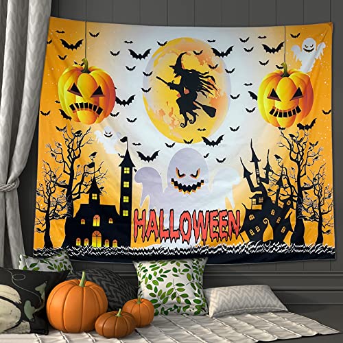 Halloween Blacklight Wall Tapestry Haunted Woods with Grave and Pumpkins, UV Reactive Wall Blanket