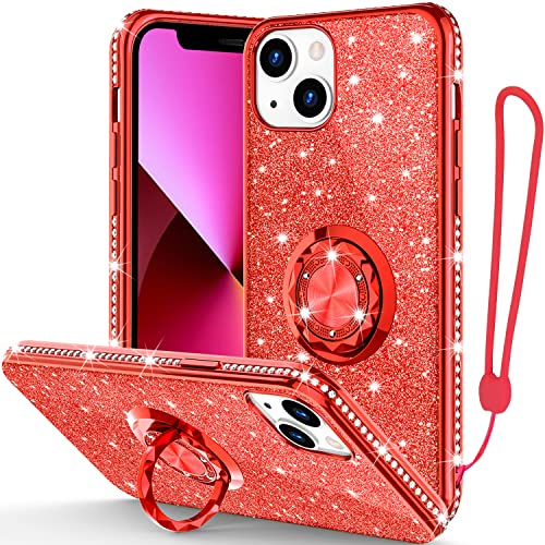 Phone Case for iPhone 13, Glitter Protective Case w/ 360 Degree Ring Stand