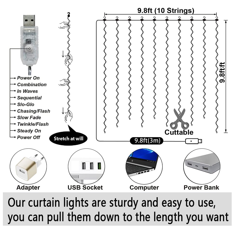 300 LED Curtain Lights, 9.8ft x 9.8ft Fairy Lights with 8 Modes, String Hanging Lights, Remote Control