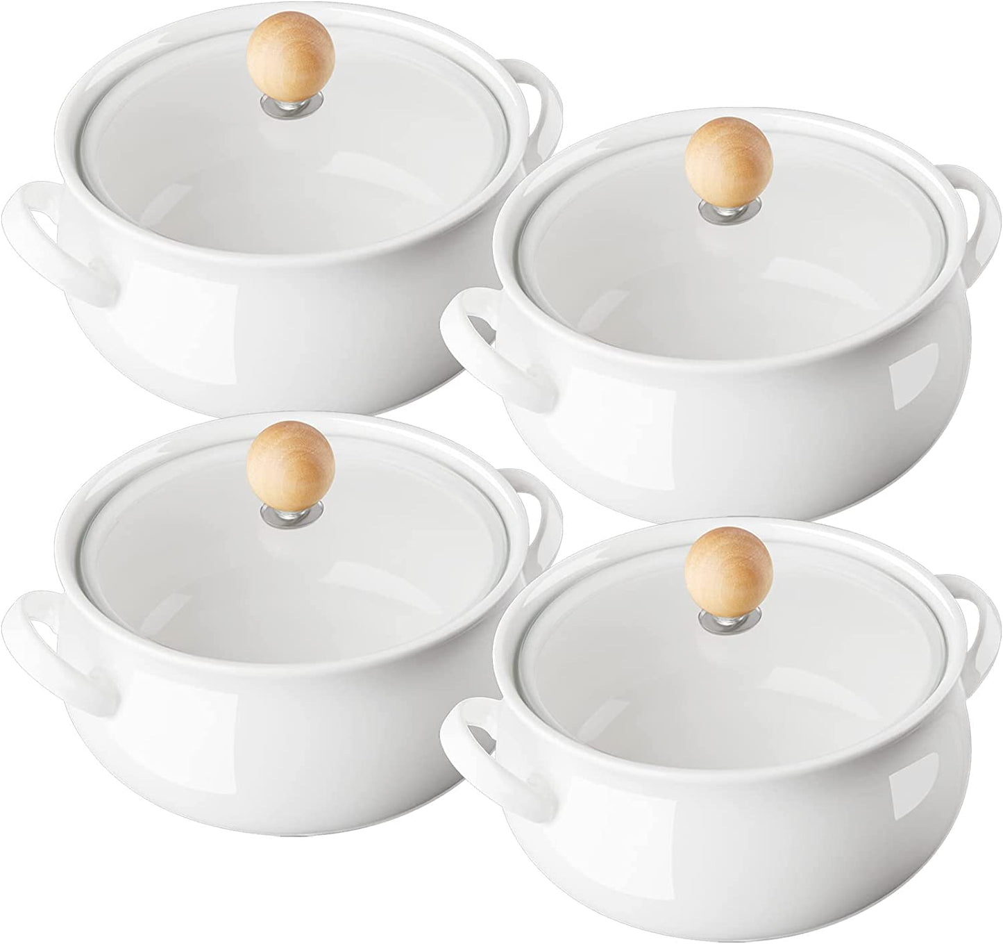 18 OZ Soup Crocks with Double Handles and Glass Lids, Oven Safe- Set of 4, White