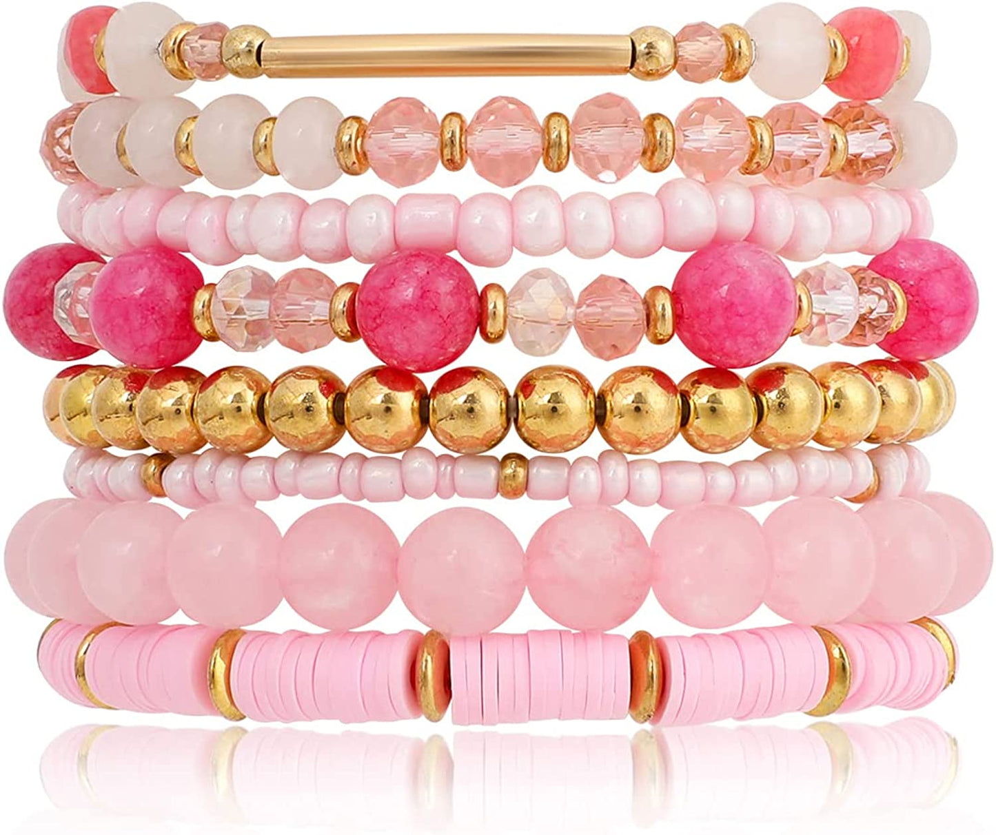 Pink Bracelets Bohemian Multi-Layer Beaded Stacking,8 Pcs Versatile Strand Stretch Sparkly Crystal Beads