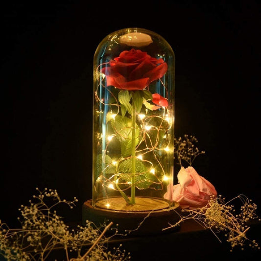 Preserved Rose Enchanted Red Silk Rose in Glass Dome w/ LED Lights Pine Base