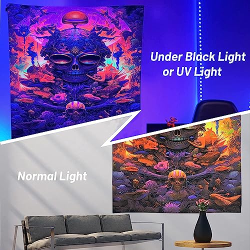 Blacklight Tapestry Sugar Skull  Halloween  UV Reactive Trippy Neon Tapestries Glow in the Dark Party Backdrop,