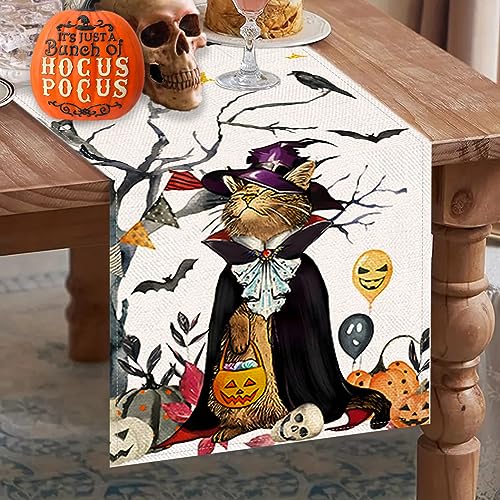 Pumpkins Cat Halloween Table Runner Trick Or Treat Kitchen Dining Table Decoration for Outdoor