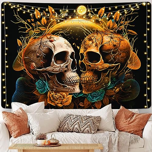 Skull Floral Tapestry Flowers  Moon  Plants and Leaves Tapestry Wall Hanging for Room, Bedroom