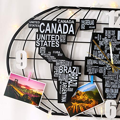 Large Metal Wall Clock w/ MDF World Map Decoration, Silent Movement w/ DIY LED Light Strip & Postcard