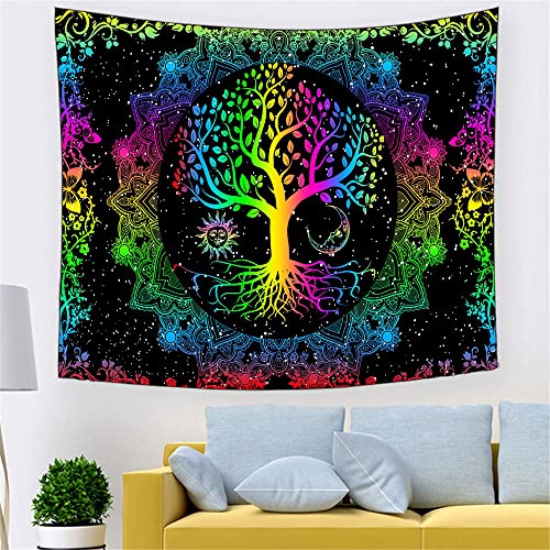 Psychedelic Tree of Life Mysterious Sun and Moon Mandala Colorful Hippie Boho Tapestry