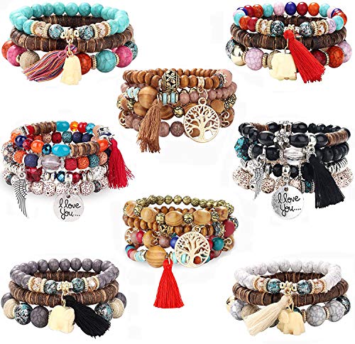 8 Pcs Bohemian Wood Beaded Bracelets Set for Women