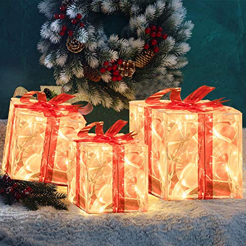 Set of 3 Christmas 60 LED Lighted Presents Boxs with Red Bows, Transparent Warm White Lighted