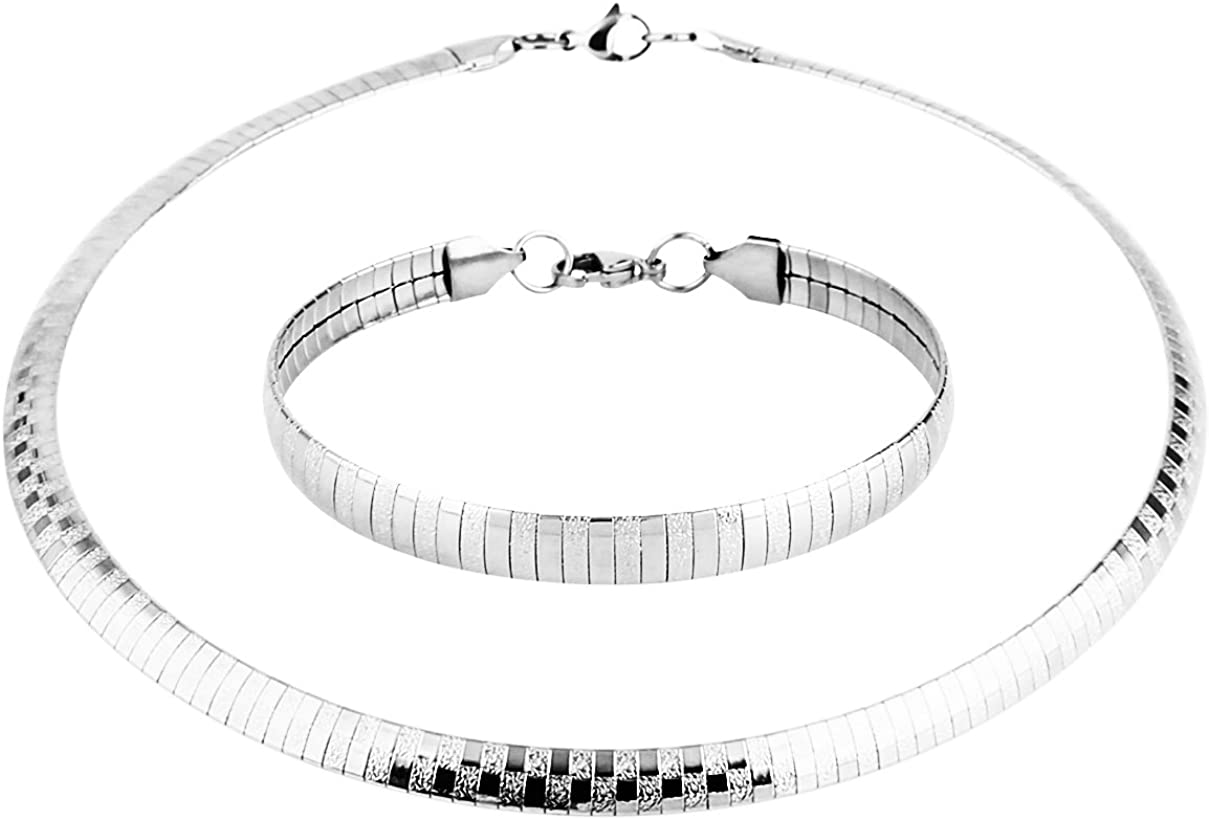 Stainless Steel Omega Chain 8mm Solid 18 inch Necklace and 8.5 inch Bracelet Set, Silver