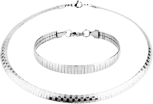 Stainless Steel Omega Chain 8mm Solid 18 inch Necklace and 8.5 inch Bracelet Set, Silver