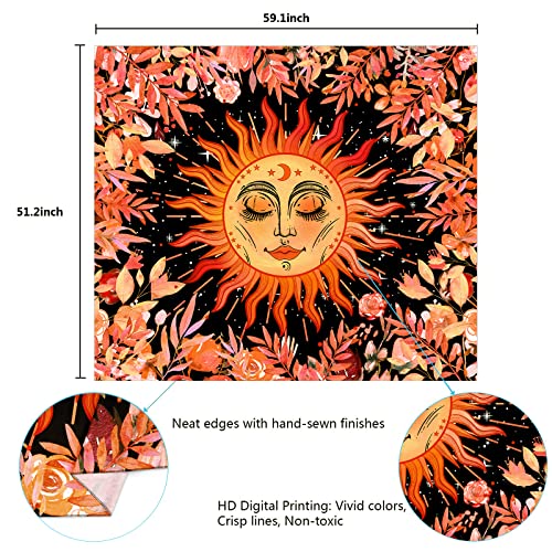 Psychedelic Burning Sun & Plant Leaves Mystical Moon Stars Colorful Mandala Tapestry